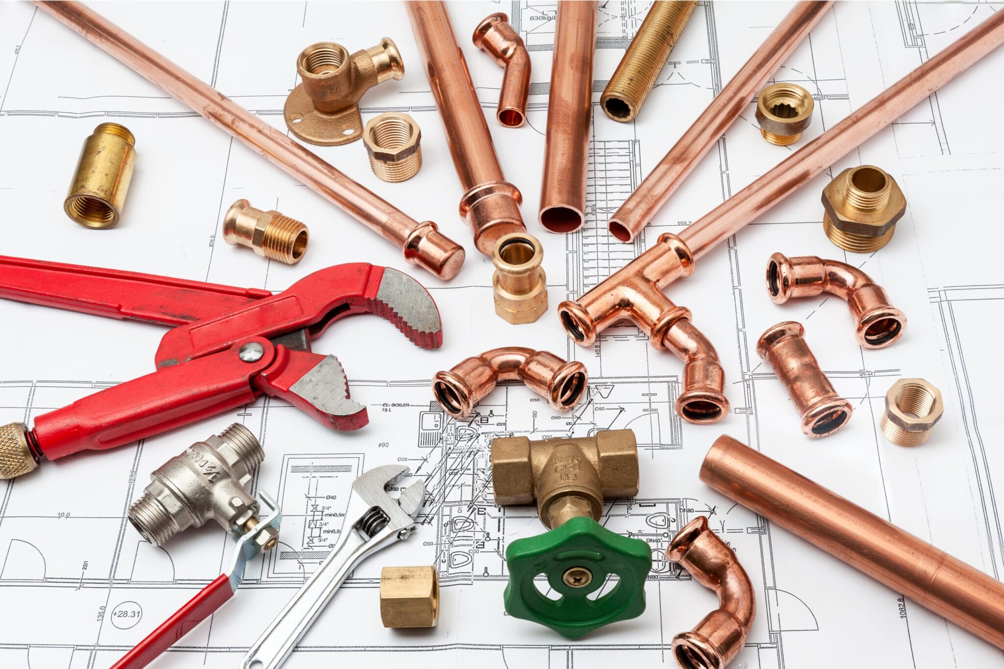 Copper pipes, fittings, valves, and plumbing tools in Carlsbad