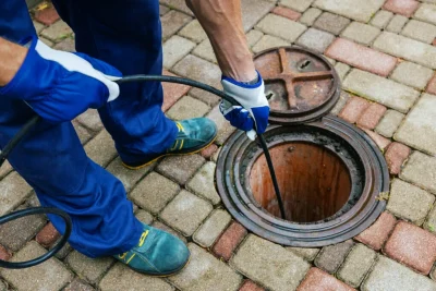 Plumber cleaning an outdoor sewer drain in Carlsbad