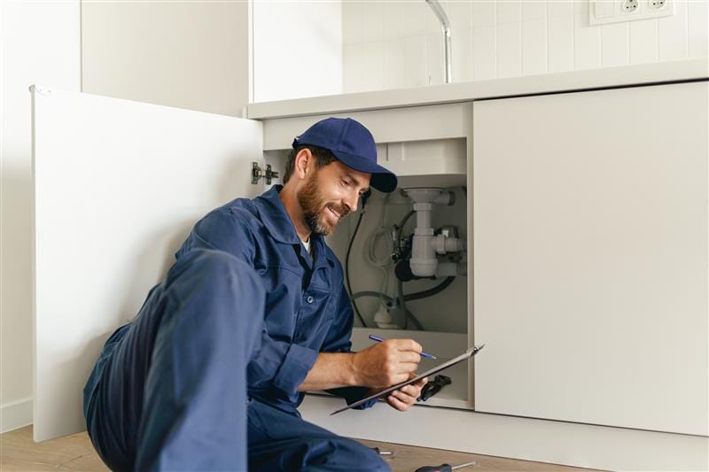 Residential plumber reviewing plumbing repairs in a Carlsbad kitchen