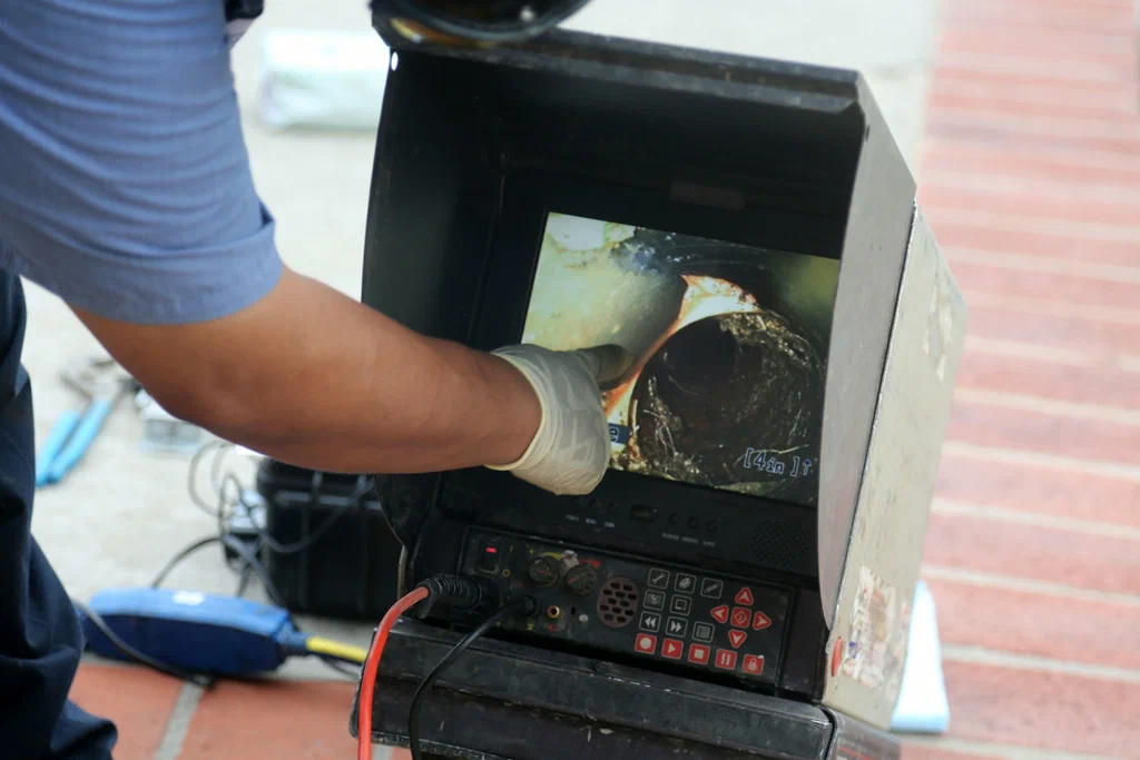 Technician viewing a drain inspection camera in Carlsbad