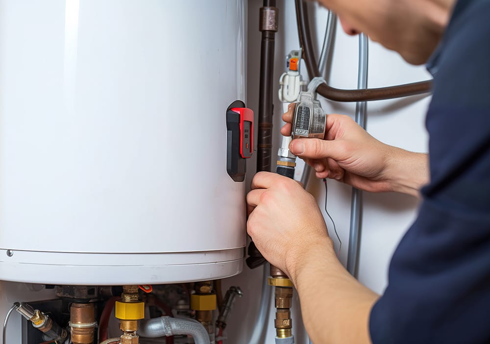 Technician repairing pipes connected to a water heater in Carlsbad